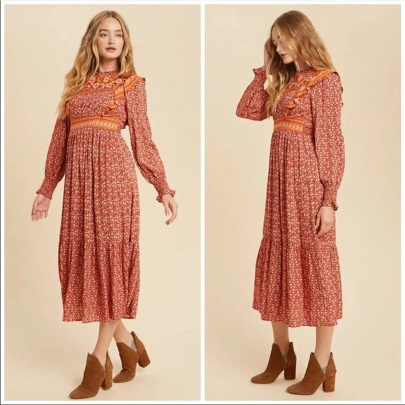 Boho Rust Floral Ruffle Midi Dress | Smocked Waist Prairie Dress - Picture 6 of 7